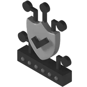 a cybersecurity icon showing a shield over top of networking equipment